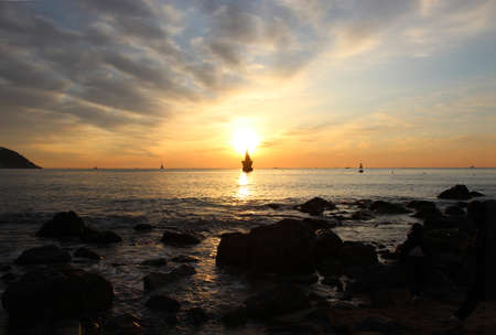 Sunrise in Haeundae Beach at New Year, Busan, South Korea, Asia.の写真素材