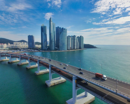 Aerial View of Gwangandaegyo, Busan, South Korea, Asia.のeditorial素材