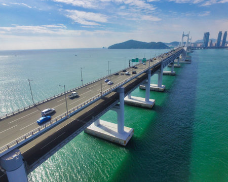 Aerial View of Gwangandaegyo, Busan, South Korea, Asia.のeditorial素材