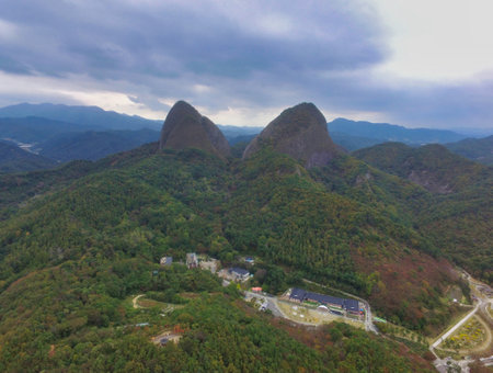 Aerial View of Maisan Horse Ear Shape Mountains, Jinan, Jeollabukdo, South Korea, Asiaのeditorial素材