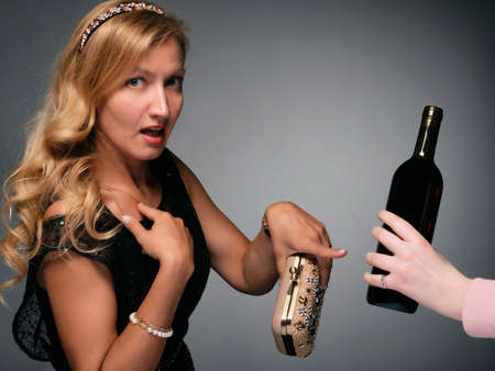 woman, girl refused alcohol drink isolated on white background.anti alcohol conceptの写真素材