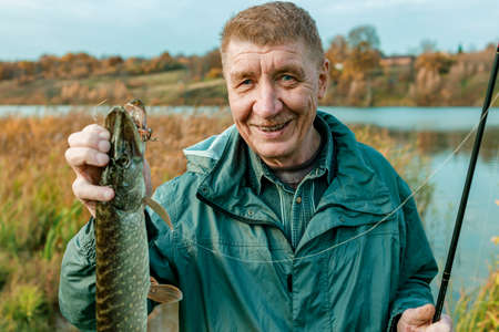 Elderly fisherman with red hair caught a good fish pike.の写真素材