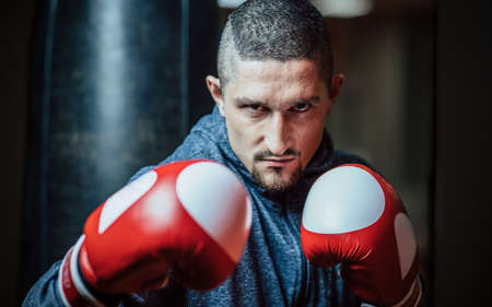 Boxer gets ready to hit. Promotional picture for boxing.の写真素材