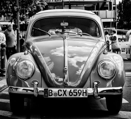 Car Volkswagen Beetle  Black and White , the exhibition  125 car history - 125 years of history Kurfurstendamm , May 28, 2011 in Berlin, Germanyのeditorial素材