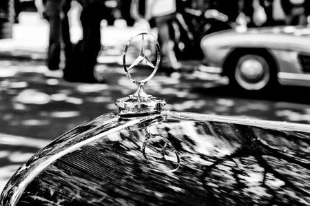 Mercedes-Benz symbol on the hood  Black and White , the exhibition  125 car history - 125 years of...
