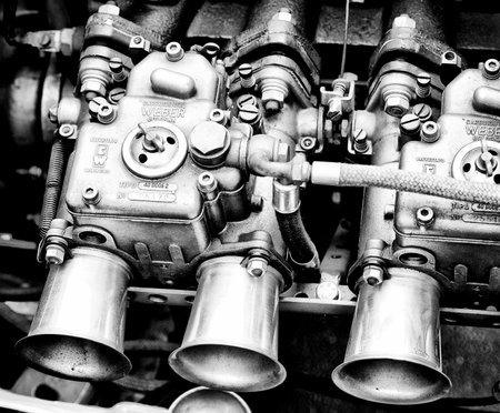 Weber Carburetor close-up  Black and White , the exhibition  125 car history - 125 years of history Kurfurstendamm , May 28, 2011 in Berlin, Germanyのeditorial素材