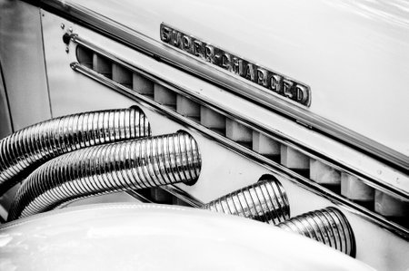 Exhaust pipes Auburn 851 Supercharged speedster  Black and White , the exhibition  125 car history - 125 years of history Kurfurstendamm , May 28, 2011 in Berlin, Germanyのeditorial素材