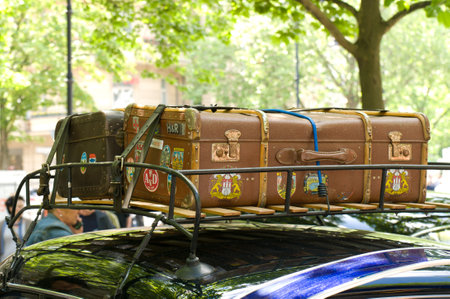 Old suitcases for the trip to the roof of the car, the exhibition  125 car history - 125 years of history Kurfurstendamm , May 28, 2011 in Berlin, Germanyのeditorial素材