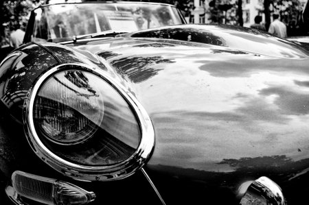 Cars Jaguar E-Type Roadster close-up, the exhibition  125 car history - 125 years of history Kurfurstendamm , May 28, 2011 in Berlin, Germanyのeditorial素材