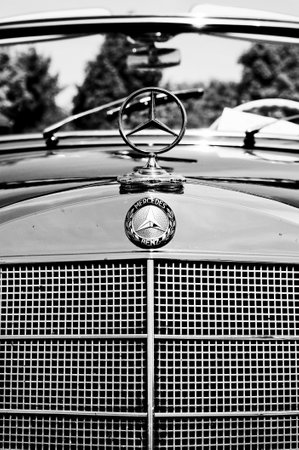 The radiator grille and emblem of Mercedes-Benz Type W180 220S  Black and White ,  The oldtimer show...