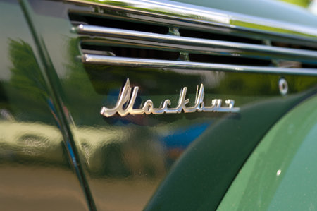 The emblem of the Soviet post-war car Moskvitch 400,  The oldtimer show  in MAFZ, May 26, 2012 in Paaren im Glien, Germanyのeditorial素材