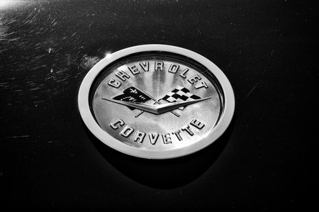 The emblem Chevrolet Corvette,  The oldtimer show  in MAFZ, May 26, 2012 in Paaren im Glien, Germany