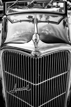 A fragment of the car Ford Model 48  V8  Special, Black and White,  The oldtimer show  in MAFZ, May 26, 2012 in Paaren im Glien, Germanyのeditorial素材