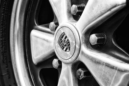 BERLIN, GERMANY - MAY 11  Detail of the wheel Porsche 911 Targa 2,4 T close-up,  Black and White , ...