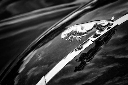 BERLIN - MAY 11: The logo sports car Jaguar XK140 Roadster, (black and white), 26th Oldtimer-Tage Berlin-Brandenburg, May 11, 2013 Berlin, Germanyのeditorial素材