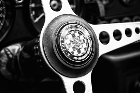 BERLIN - MAY 11: Detail of the steering wheel close-up sports-car Jaguar E-Type (black and white), 26th Oldtimer-Tage Berlin-Brandenburg, May 11, 2013 Berlin, Germanyのeditorial素材