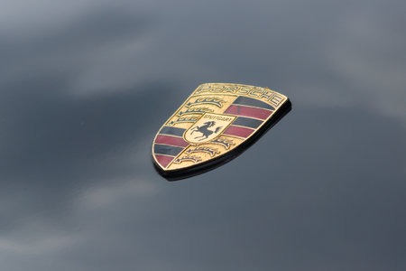 BERLIN - MAY 11  Emblem Porsche 911, close-up,  Black and White , 26  Oldtimer-Tage...
