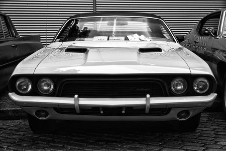 BERLIN - MAY 11  Dodge Challenger  Black and White , 26  Oldtimer-Tage Berlin-Brandenburg, May 11, 2013 Berlin, Germanyのeditorial素材