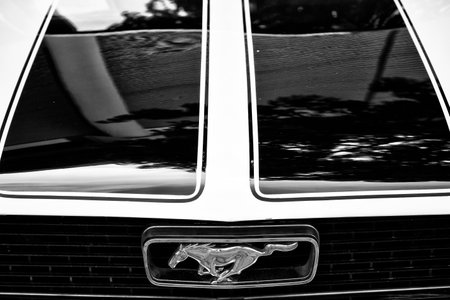BERLIN - MAY 11  Detail of the hood and the emblem of a sports car Ford Mustang  Black and White  26  Oldtimer-Tage Berlin-Brandenburg, May 11, 2013 Berlin, Germanyのeditorial素材