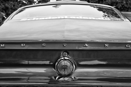 BERLIN - MAY 11  Rear view auto Shelby Mustang GT350, black and white, close-up, 26th Oldtimer-Tage Berlin-Brandenburg, May 11, 2013 Berlin, Germanyのeditorial素材