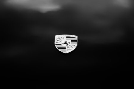 BERLIN, GERMANY - MAY 11  Emblem Porsche 911 Targa 2,4 T close-up,  Black and White ,  26  Oldtimer-Tage Berlin-Brandenburg , May 11, 2013 Berlin, Germanyのeditorial素材