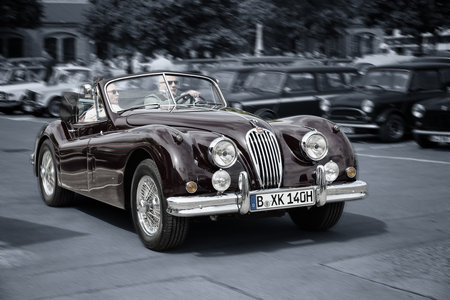 BERLIN - MAY 11  A sports car Jaguar XK140 Roadster  toning, motion blur , 26th Oldtimer-Tage Berlin-Brandenburg, May 11, 2013 Berlin, Germanyのeditorial素材