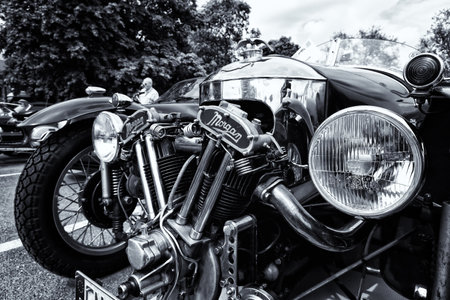 BERLIN - MAY 11  Detail Car Morgan Super Sports, V-Twin three-wheelers  black and white , 26th Oldtimer-Tage Berlin-Brandenburg, May 11, 2013 Berlin, Germanyのeditorial素材