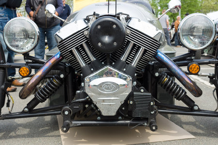 BERLIN - MAY 11  Motor Vehicle Morgan 3 close-up, V-Twin three-wheelers  black and white , 26th...
