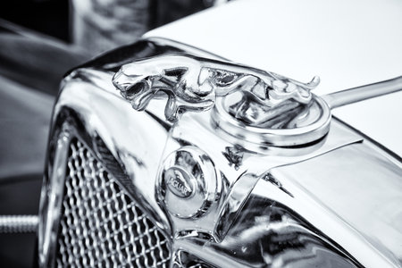 BERLIN - MAY 11: The emblem of Jaguar SS-100 roadster (black and white), 26th Oldtimer-Tage...