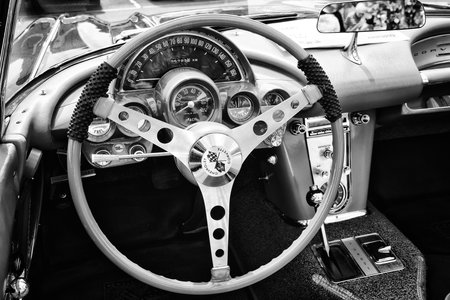 BERLIN - MAY 11: The driver's seat sports car Chevrolet Corvette (C1), black and white, 26th...