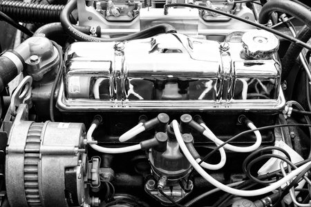 BERLIN - MAY 11: Engine British sports car Triumpf Spitfire 1500 close-up (black and white) 26th Oldtimer-Tage Berlin-Brandenburg, May 11, 2013 Berlin, Germanyのeditorial素材