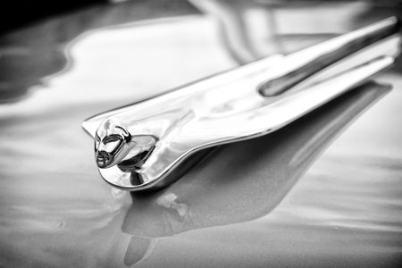BERLIN - MAY 11: The emblem on the hood of the car Cadillac Series 62 Coupe de Ville, 1950 (black and white), 26th Oldtimer-Tage Berlin-Brandenburg, May 11, 2013 Berlin, Germanyのeditorial素材