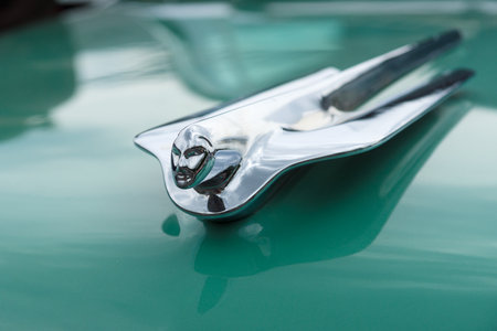 BERLIN - MAY 11: The emblem on the hood of the car Cadillac Series 62 Coupe de Ville, 1950, 26th Oldtimer-Tage Berlin-Brandenburg, May 11, 2013 Berlin, Germanyのeditorial素材