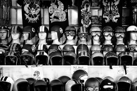 BERLIN - MAY 11: Selling a variety of motorcycle helmets (black and white), 26th Oldtimer-Tage Berlin-Brandenburg, May 11, 2013 Berlin, Germanyのeditorial素材