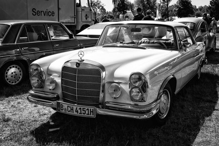 PAAREN IM GLIEN, GERMANY - MAY 19: Full-size luxury car Mercedes-Benz W111 Coupe, black and white,...
