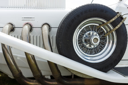 PAAREN IM GLIEN, GERMANY - MAY 19: Exhaust pipe roadster Excalibur Series II Phaeton, The oldtimer show in MAFZ, May 19, 2013 in Paaren im Glien, Germanyのeditorial素材