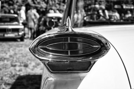 PAAREN IM GLIEN, GERMANY - MAY 19: The rear brake lights Full-size automobile Oldsmobile 98 (Ninety-Eight), black and white, The oldtimer show in MAFZ, May 19, 2013 in Paaren im Glien, Germanyのeditorial素材