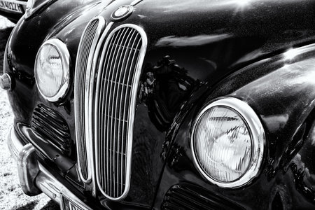 PAAREN IM GLIEN, GERMANY - MAY 19  Detail Full-size luxury car BMW 501B, black and white,  The...