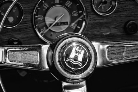 PAAREN IM GLIEN, GERMANY - MAY 19  Steering wheel and dashboard of the car Volkswagen Karmann Ghia, black and white,  The oldtimer show  in MAFZ, May 19, 2013 in Paaren im Glien, Germanyのeditorial素材