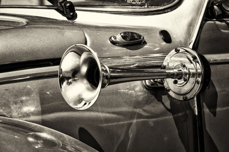 PAAREN IM GLIEN, GERMANY - MAY 19  Vehicle horn car Volkswagen Beetle,  sepia  The oldtimer show in MAFZ, May 19, 2013 in Paaren im Glien, Germanyのeditorial素材