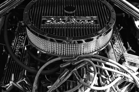 PAAREN IM GLIEN, GERMANY - MAY 19: Detail of engine Ford Mustang closeup, black and white, The oldtimer show in MAFZ, May 19, 2013 in Paaren im Glien, Germanyのeditorial素材