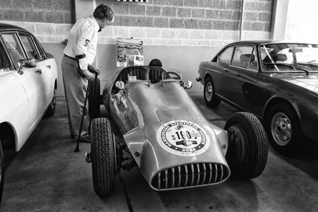 PAAREN IM GLIEN, GERMANY - MAY 19: The race car of his own design based on the Alfa Romeo and BMW 328 (1951) by Karl Baum, driver Willibald Heller, "The oldtimer show" in MAFZ, May 19, 2013 in Paaren im Glien, Germany のeditorial素材