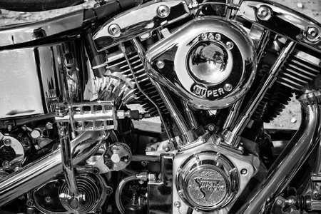 PAAREN IM GLIEN, GERMANY - MAY 19: Motorcycle Engine Harley Davidson Custom Chopper, black and...