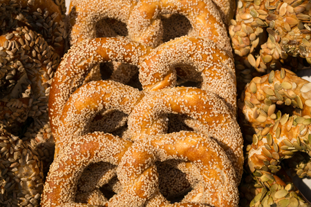 Pretzel - sprinkled with sesame seeds, pumpkin seeds and sunflower seeds.
