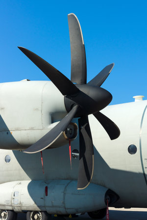 BERLIN - SEPTEMBER 14: Engine a medium-sized military transport aircraft Alenia C-27J Spartan, International Aerospace Exhibition "ILA Berlin Air Show", September 14, 2012 in Berlin, Germanyのeditorial素材