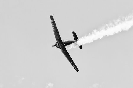BERLIN - SEPTEMBER 14: A demonstration flight of the North American AT-6F (black and white),...