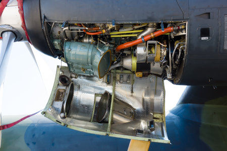 BERLIN - SEPTEMBER 14: Details of aircraft engine Lockheed Martin C-130J Super Hercules,...