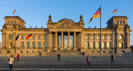 BERLIN, GERMANY - FEBRUARY 04, 2014: The Reichstag building at sunset. The Reichstag building is a historical edifice in Berlin. のeditorial素材