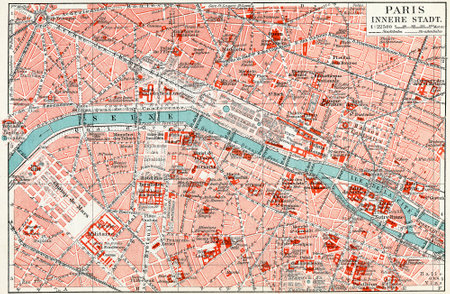 Map of central Paris  Publication of the book  Meyers Konversations-Lexikon , Volume 7, Leipzig, Germany, 1910のeditorial素材