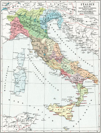 Map of Italy, the time of Emperor Augustus  Publication of the book  Meyers Konversations-Lexik on , Volume 7, Leipzig, Germany, 1910のeditorial素材